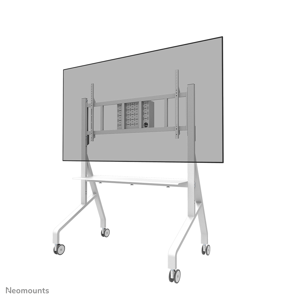 Neomounts MOVE Go XL FL50-575WH1 Support sol mobile écran 65-110" - max 125 kg - manuel h129-139 cm - VESA 100x100-1100x600 - étagère multimédia - verrouillable (sans cadenas) - TÜV - installation rapide - gabarit de fixation - kit vidéobar en option