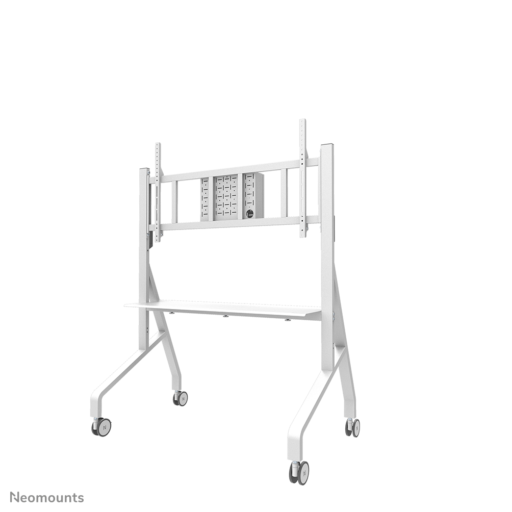Neomounts MOVE Go XL FL50-575WH1 Support sol mobile écran 65-110" - max 125 kg - manuel h129-139 cm - VESA 100x100-1100x600 - étagère multimédia - verrouillable (sans cadenas) - TÜV - installation rapide - gabarit de fixation - kit vidéobar en option