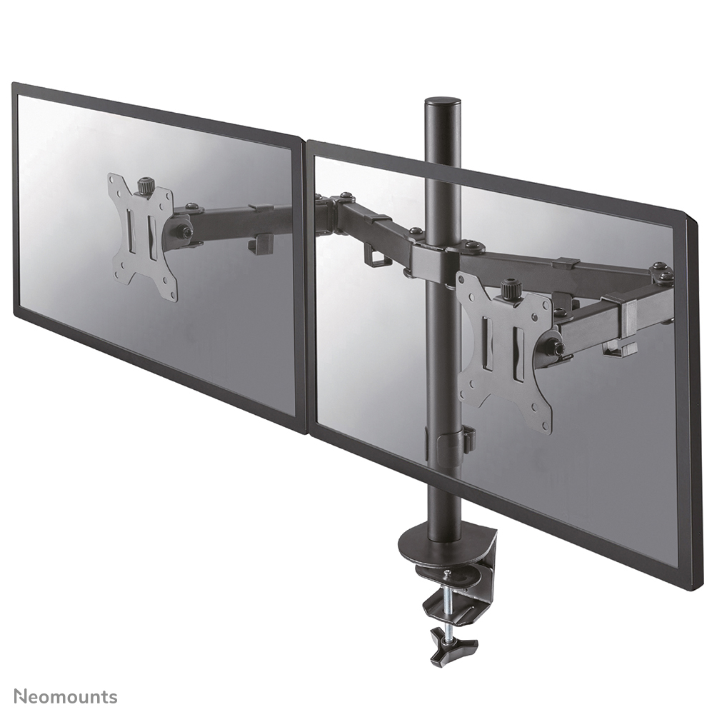 Le support de bureau Neomounts, modèle FPMA-D550DBLACK, est un montage inclinable, pivotant et rotatif, pour 2 écrans plats jusqu'à 32".