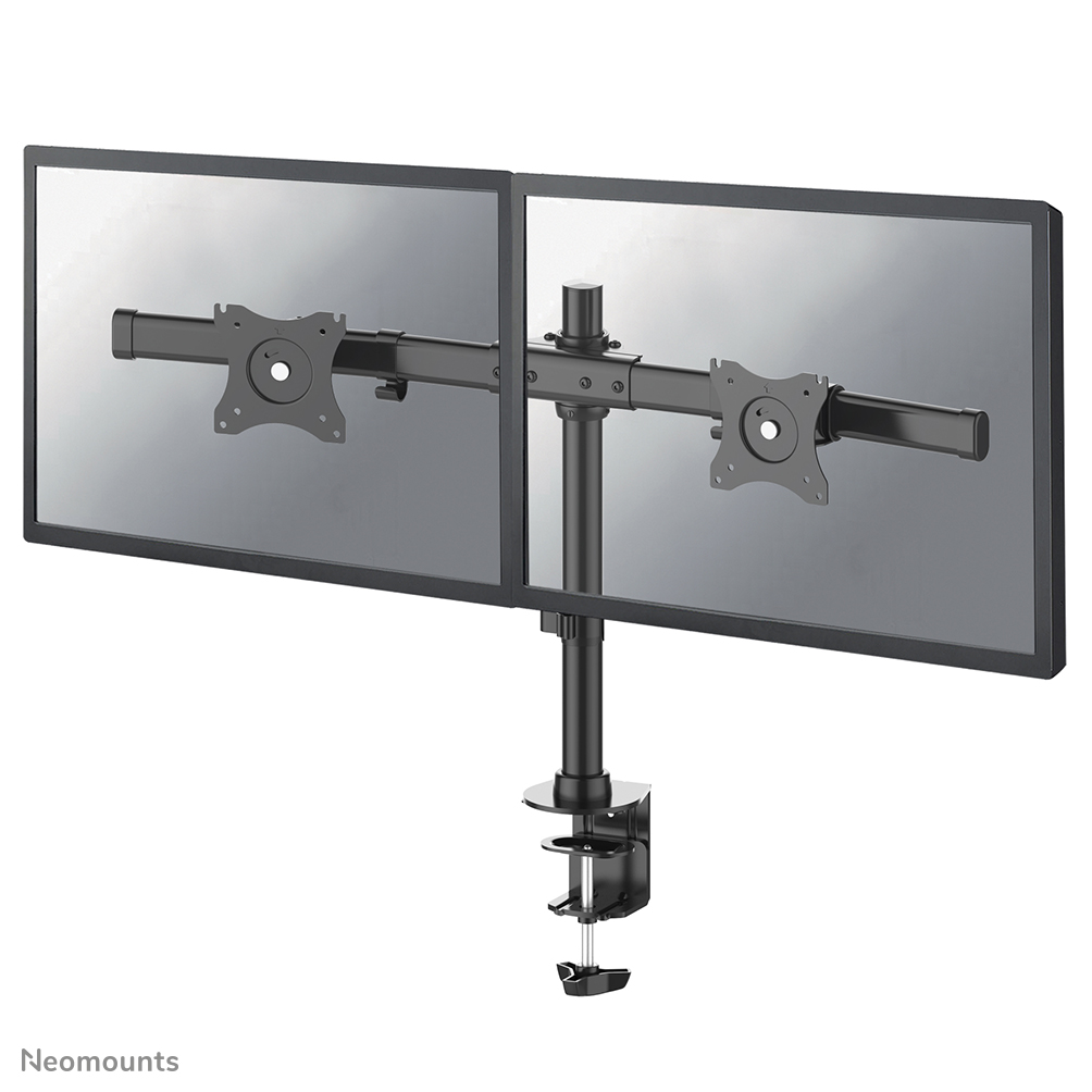 Le support de bureau Neomounts, modèle FPMA-DCB100DBLACK, est un montage inclinable, pivotant et rotatif, pour 2 écrans plats jusqu'à 27" (69 cm).
