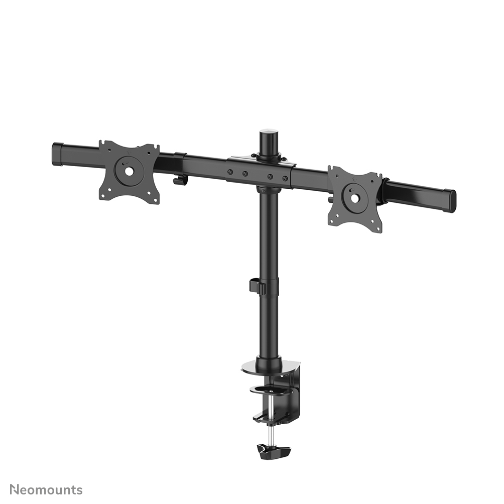 Le support de bureau Neomounts, modèle FPMA-DCB100DBLACK, est un montage inclinable, pivotant et rotatif, pour 2 écrans plats jusqu'à 27" (69 cm).