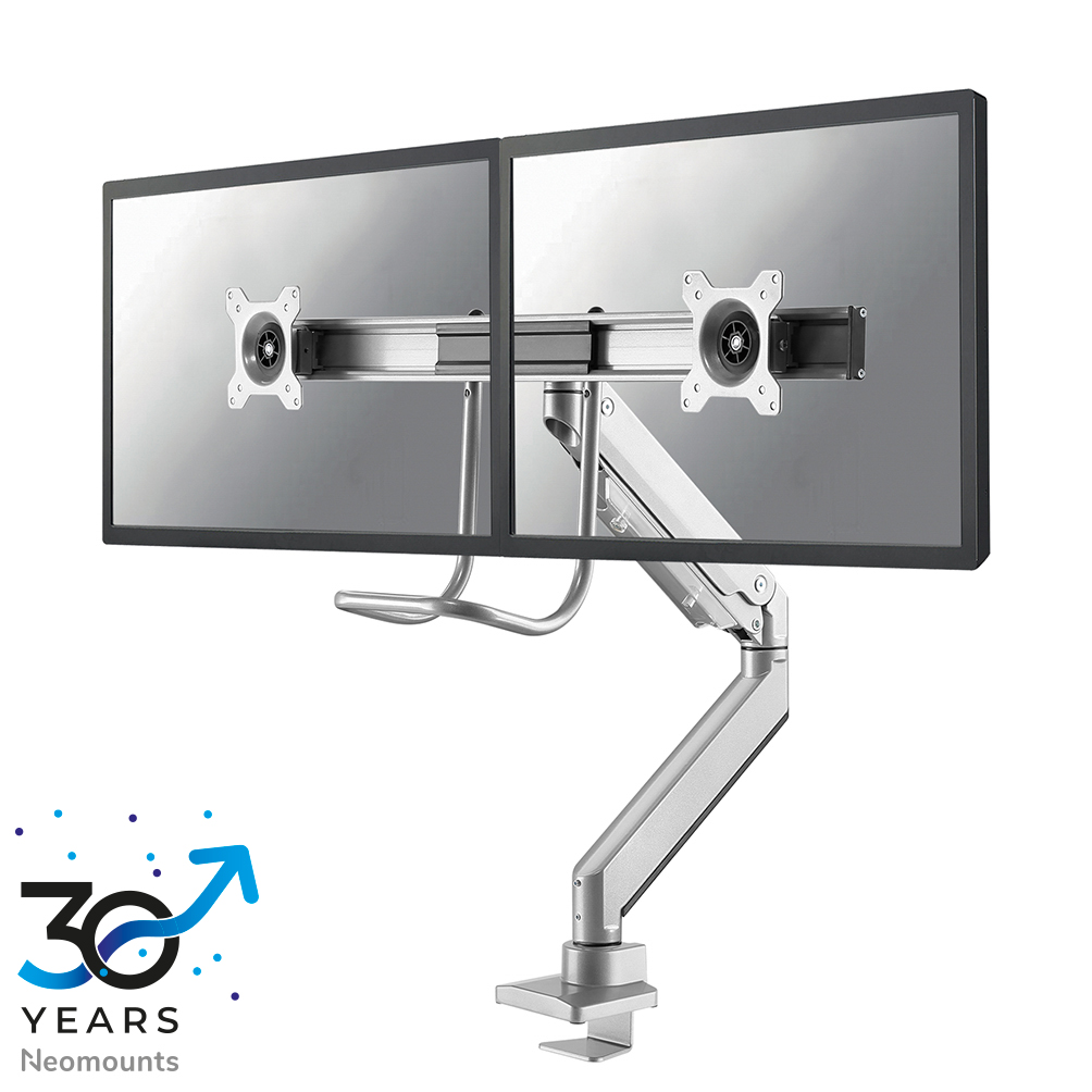 Neomounts NM-D775DXSILVER Support à fixer pour écran double avec barre transversale 10-32" - 1-8 kg/écran - ressort à gaz - arrêt 180° - Topfix - argent