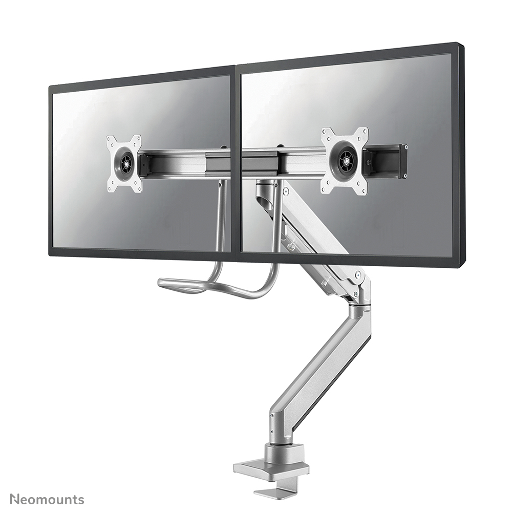 Neomounts NM-D775DXSILVER Support à fixer pour écran double avec barre transversale 10-32" - 1-8 kg/écran - ressort à gaz - arrêt 180° - Topfix - argent